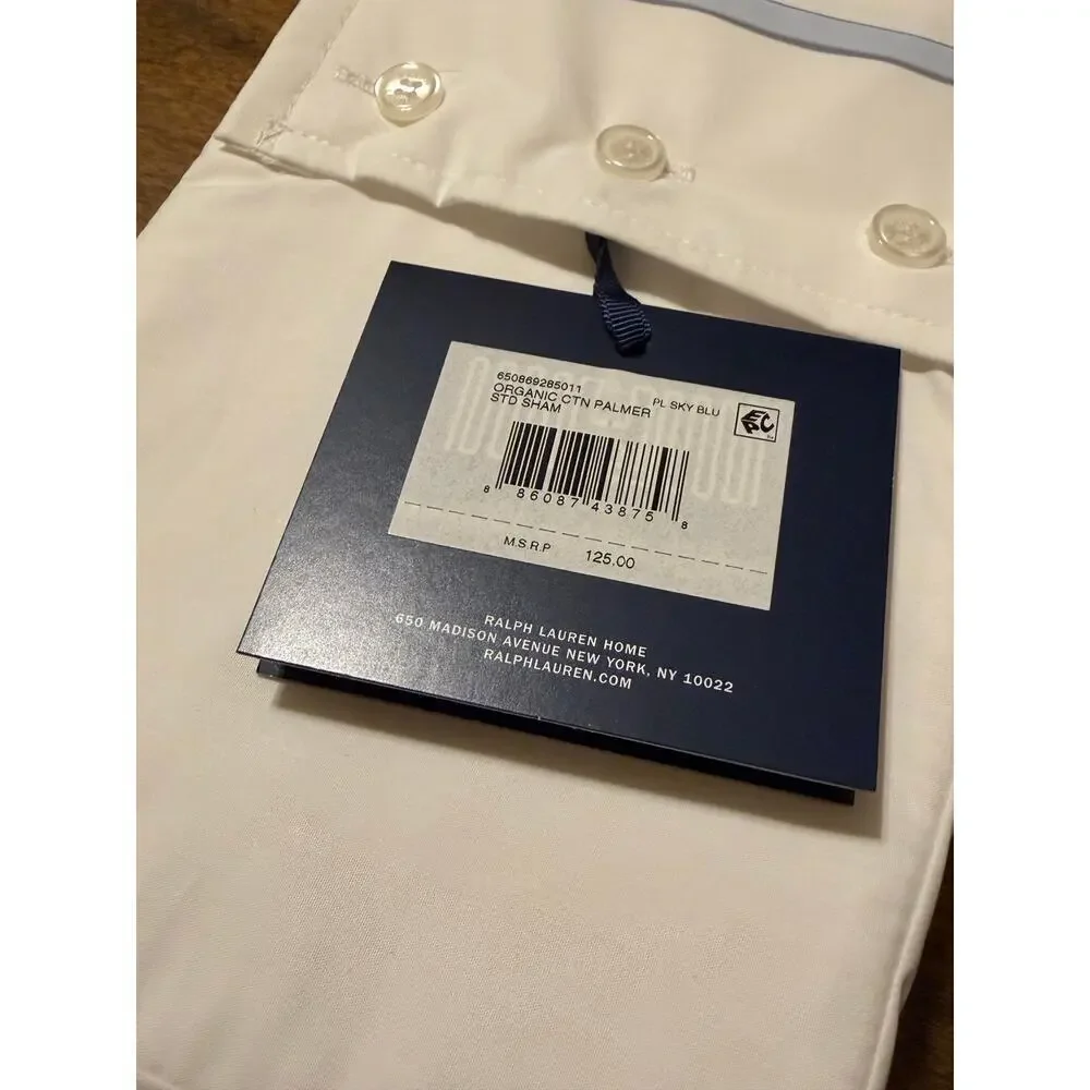 Ralph Lauren Polo Organic Cotton Standard Pillow Sham Sky Blue Trim NWT